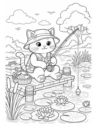 Cat Fisherman At A Lily Pond Dock printable coloring page from the cat coloring pages collection