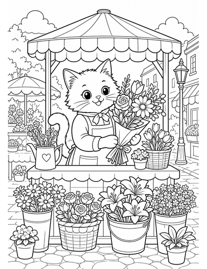 Cat Florist At A Street Market Stall printable coloring page from the cat coloring pages collection