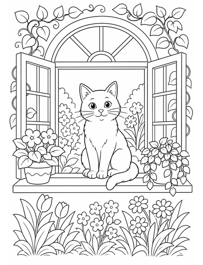 Cat Garden Window printable coloring page from the cat coloring pages collection