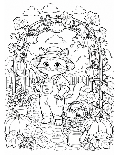 Cat Gardener Among Pumpkin Trellises printable coloring page from the cat coloring pages collection