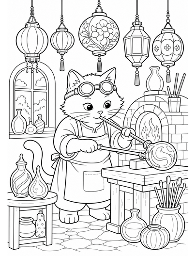 Cat Glassblower With Hanging Lanterns printable coloring page from the cat coloring pages collection