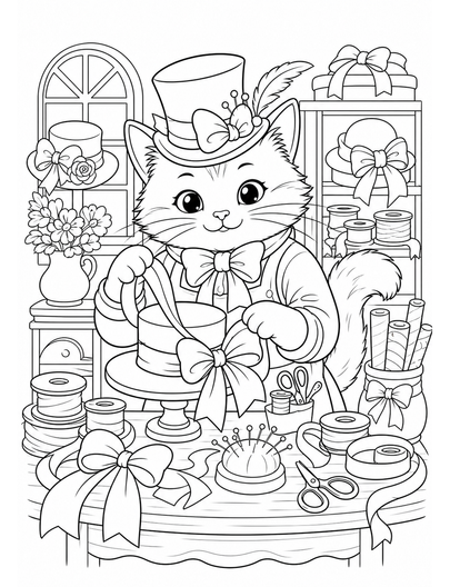 Cat Hatter In A Ribbon-Filled Workshop printable coloring page from the cat coloring pages collection