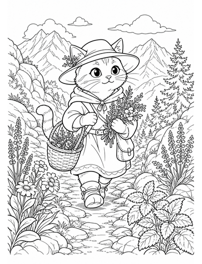 Cat Herb Gatherer On A Mountain Path printable coloring page from the cat coloring pages collection