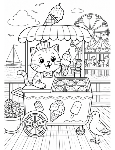 Cat Ice Cream Cart At The Boardwalk printable coloring page from the cat coloring pages collection