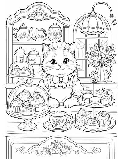 Cat In A Vintage Tea Shop With Pastries printable coloring page from the cat coloring pages collection