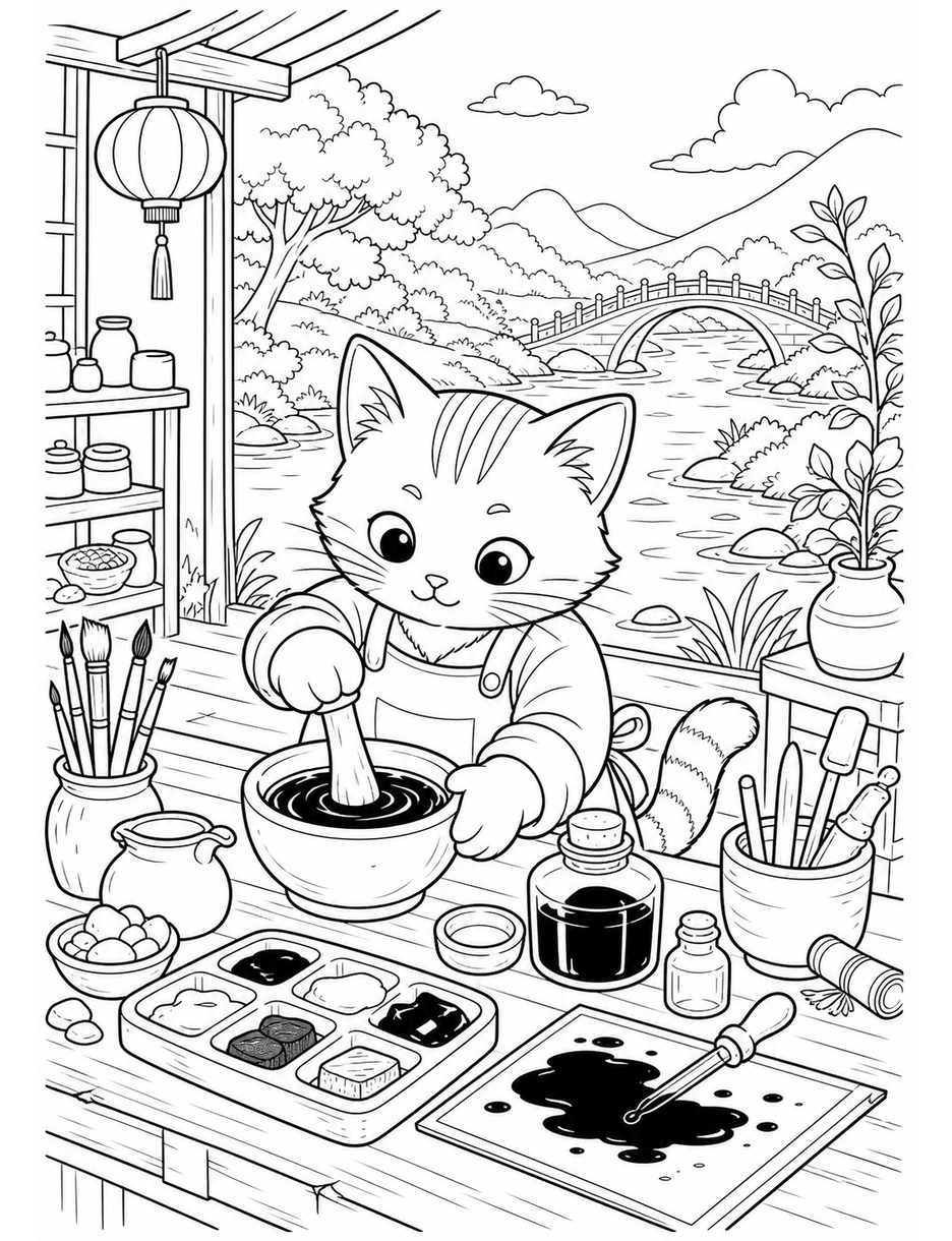 Cat Inkmaker At A Riverside Studio printable coloring page from the cat coloring pages collection