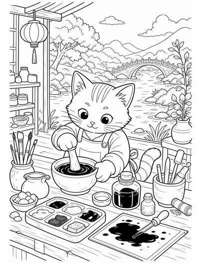 Cat Inkmaker At A Riverside Studio printable coloring page from the cat coloring pages collection