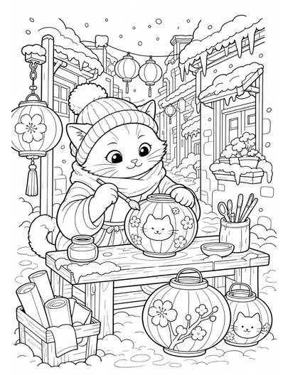 Cat Lantern Maker In A Snowy Alley printable coloring page from the cat coloring pages collection