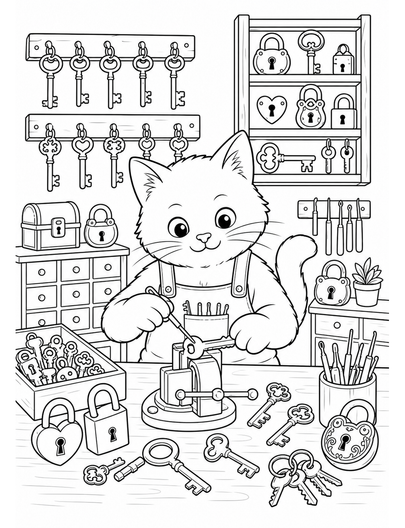 Cat Locksmith In A Key-Filled Workshop printable coloring page from the cat coloring pages collection