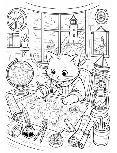 Cat Mapmaker In A Lighthouse Study printable coloring page from the cat coloring pages collection