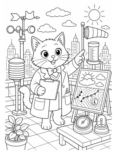 Cat Meteorologist In A Rooftop Weather Station printable coloring page from the cat coloring pages collection