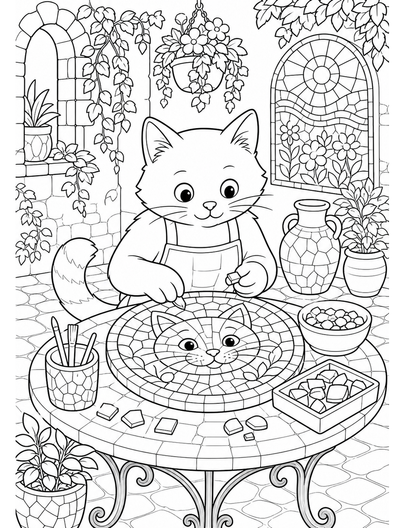 Cat Mosaic Artist In A Courtyard Studio printable coloring page from the cat coloring pages collection