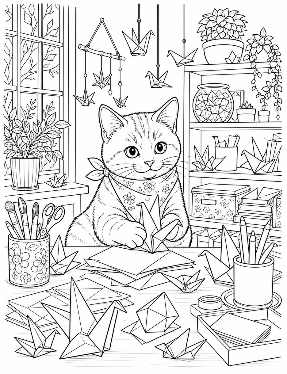 Cat Origami Studio With Paper Cranes printable coloring page from the cat coloring pages collection