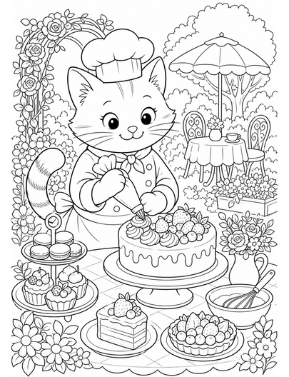 Cat Pastry Chef In A Garden Cafe printable coloring page from the cat coloring pages collection