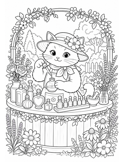 Cat Perfumer At A Garden Fragrance Bar printable coloring page from the cat coloring pages collection