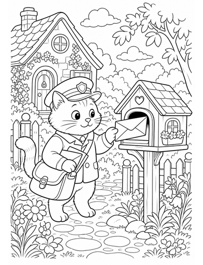 Cat Postmaster At A Cottage Mailbox printable coloring page from the cat coloring pages collection