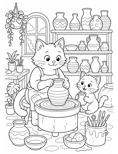 Cat Pottery Studio With Shelves Of Vases printable coloring page from the cat coloring pages collection