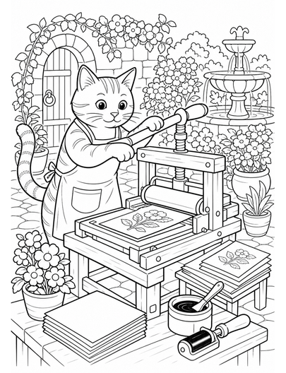 Cat Printing Press In A Garden Courtyard printable coloring page from the cat coloring pages collection