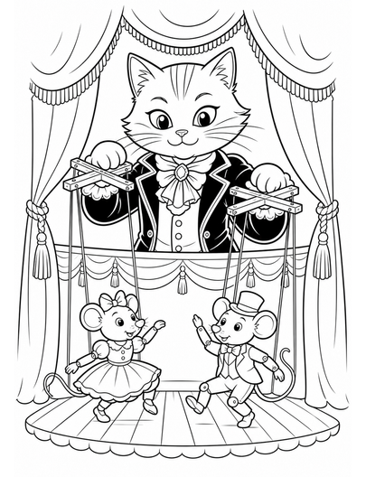 Cat Puppeteer In A Velvet Theater printable coloring page from the cat coloring pages collection