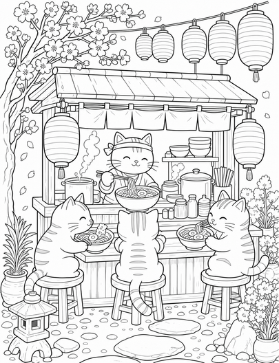 Cat Ramen Stall Under Paper Lanterns printable coloring page from the cat coloring pages collection