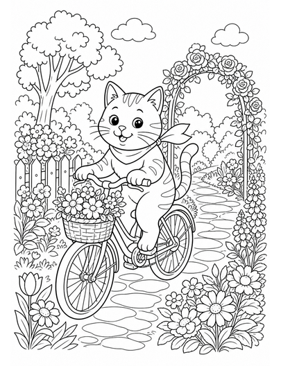 Cat Riding A Bicycle Through A Garden Path printable coloring page from the cat coloring pages collection