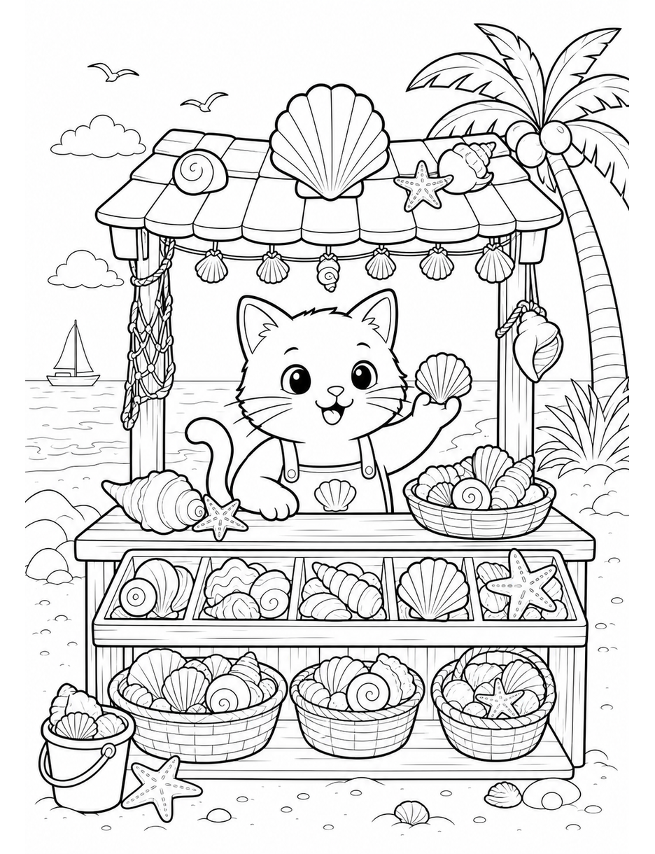 Cat Running A Seaside Shell Shop printable coloring page from the cat coloring pages collection