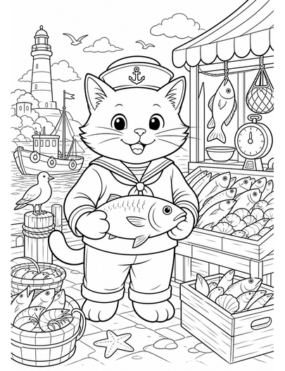 Cat Sailor In A Harbor Fish Market printable coloring page from the cat coloring pages collection