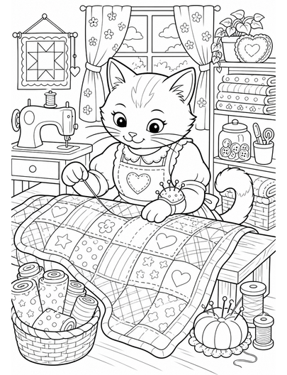 Cat Seamstress At A Quilt Table printable coloring page from the cat coloring pages collection