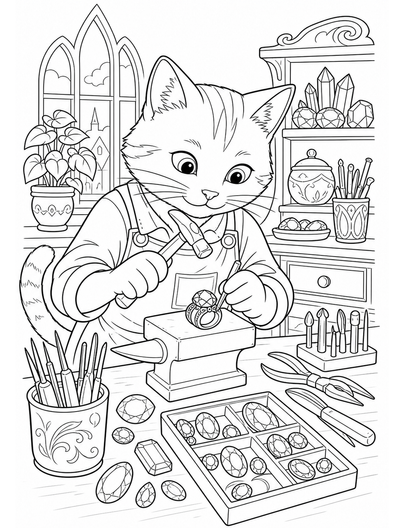 Cat Silversmith At A Gemstone Bench printable coloring page from the cat coloring pages collection