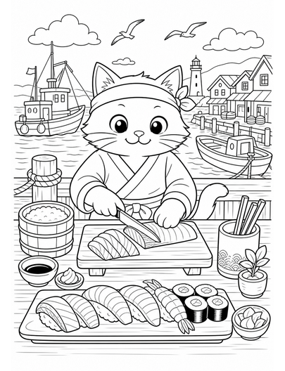 Cat Sushi Chef At A Harbor Counter printable coloring page from the cat coloring pages collection