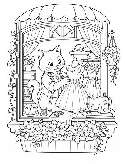 Cat Tailor In A Window Dress Shop printable coloring page from the cat coloring pages collection