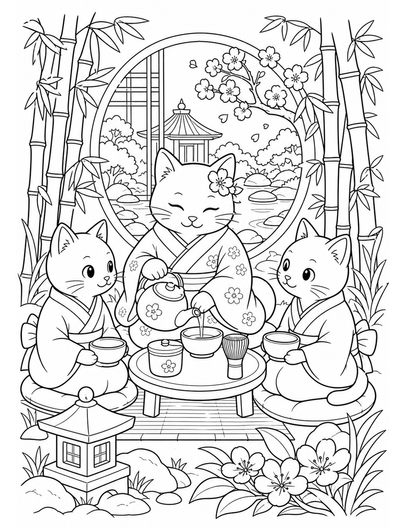 Cat Tea Ceremony In A Bamboo Garden printable coloring page from the cat coloring pages collection