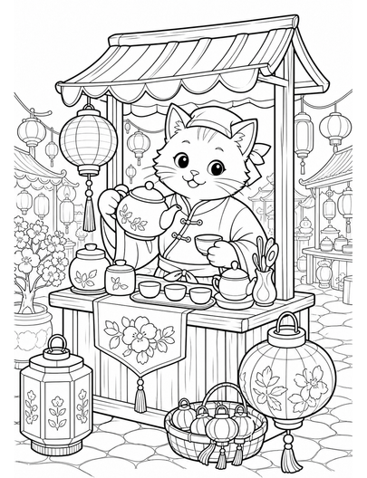 Cat Tea Seller At A Lantern Market printable coloring page from the cat coloring pages collection