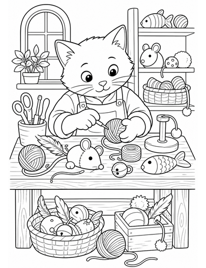 Cat Toymaker At A Wooden Workbench printable coloring page from the cat coloring pages collection