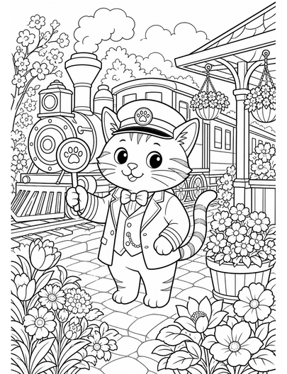 Cat Train Conductor At A Flower Station printable coloring page from the cat coloring pages collection