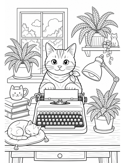 Cat Typewriter Desk With Potted Ferns printable coloring page from the cat coloring pages collection