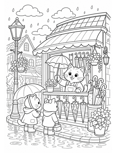 Cat Umbrella Shop On A Rainy Corner printable coloring page from the cat coloring pages collection
