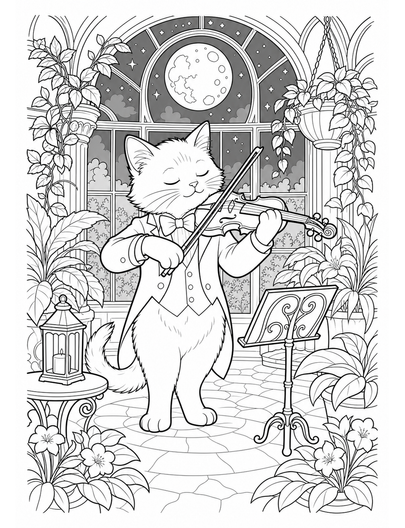 Cat Violinist In A Moonlit Conservatory printable coloring page from the cat coloring pages collection