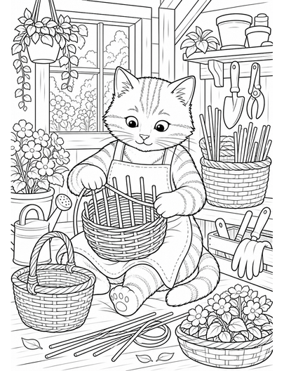 Cat Weaving Baskets In A Garden Shed printable coloring page from the cat coloring pages collection