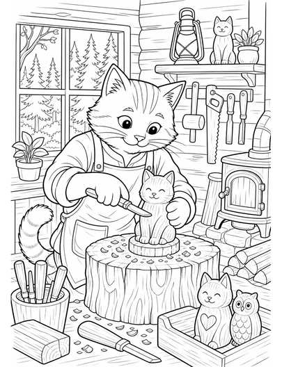 Cat Woodcarver In A Forest Cabin printable coloring page from the cat coloring pages collection