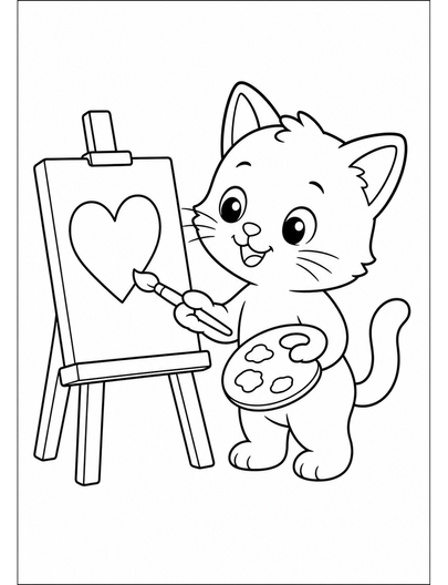 Kitten Painting A Simple Heart On Canvas printable coloring page from the cat coloring pages collection