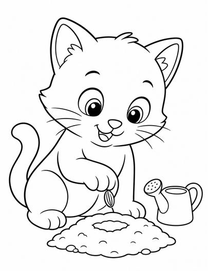 Kitten Planting A Tiny Sunflower Seed printable coloring page from the cat coloring pages collection