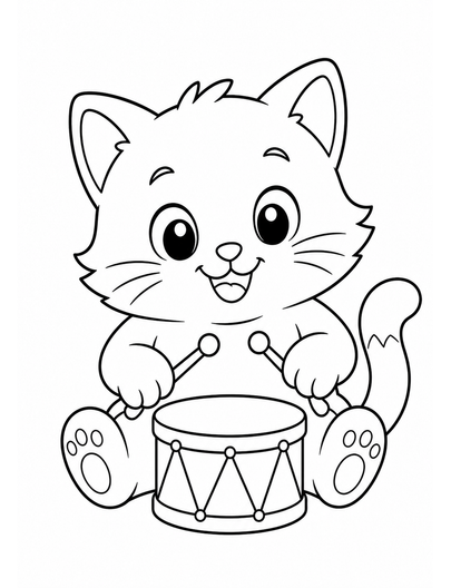 Kitten Playing A Tiny Drum printable coloring page from the cat coloring pages collection