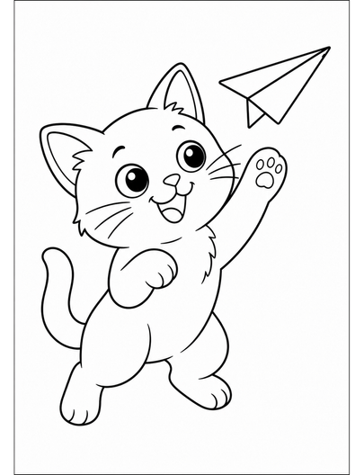 Kitten Playing With Paper Airplane printable coloring page from the cat coloring pages collection