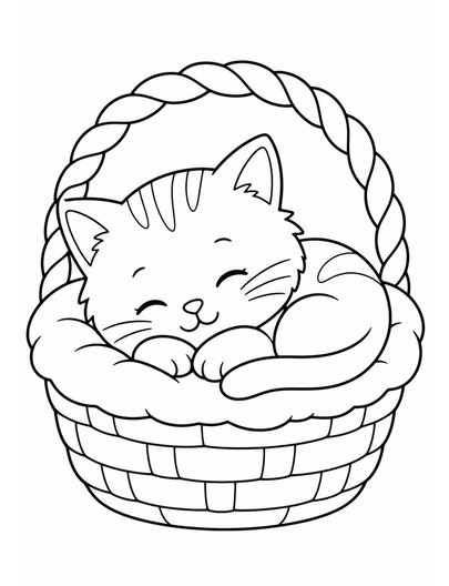 Kitten Sleeping In A Cozy Basket printable coloring page from the cat coloring pages collection