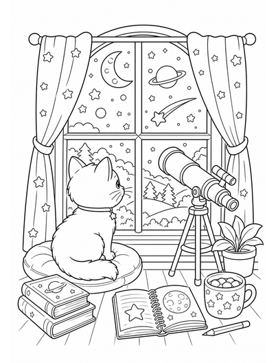 Kitten Stargazing By A Window With Telescope printable coloring page from the cat coloring pages collection