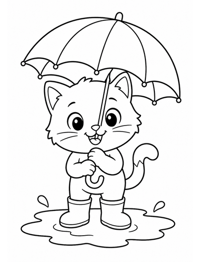 Kitten With Umbrella And Puddle printable coloring page from the cat coloring pages collection