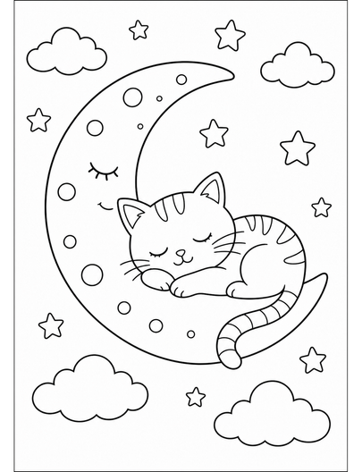 Sleeping Cat Moon printable coloring page from the cat coloring pages collection