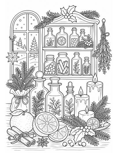 Christmas Apothecary With Candles And Citrus printable coloring page from the christmas coloring pages collection