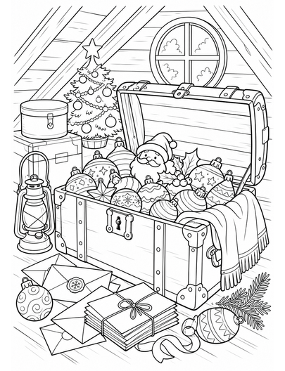 Christmas Attic Trunk With Ornaments And Letters printable coloring page from the christmas coloring pages collection